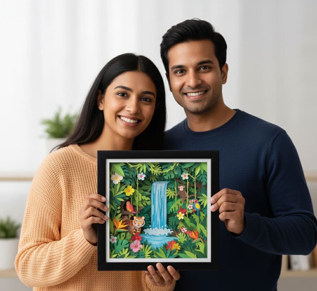 Black shadowbox picture frame with white mat board displaying intricate 3D jungle papercraft scene featuring waterfall wildlife tropical foliage and dimensional layers demonstrating professional conservation framing for paper sculpture art using acid-free matting and 1 inch depth for complex papercut constructions