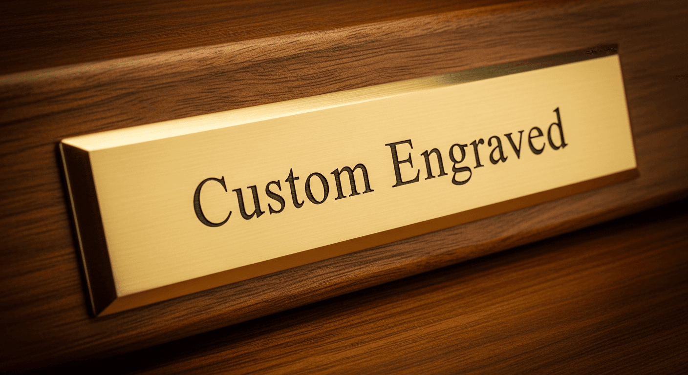 Custom laser-engraved brass nameplate with personalized text