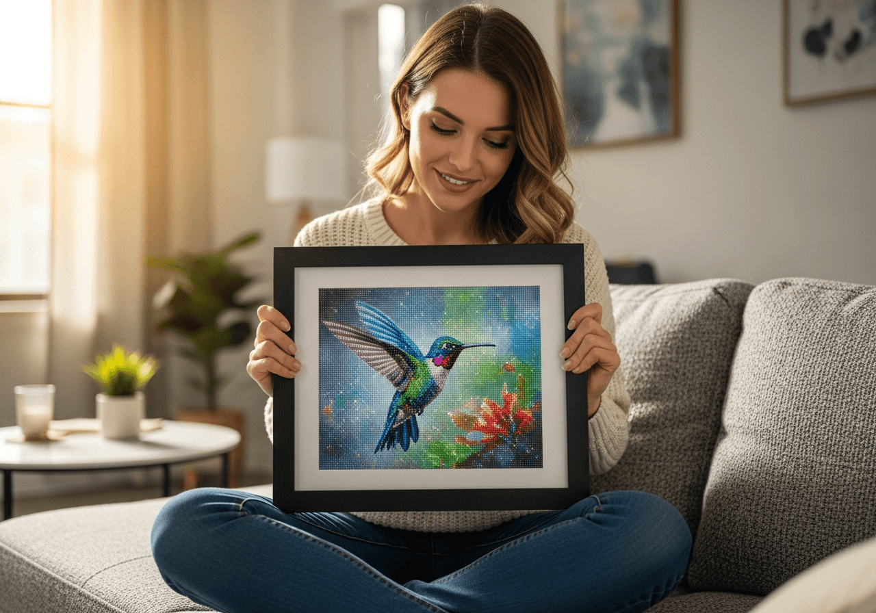 Woman on couch admiring custom framed diamond painting of hummingbird