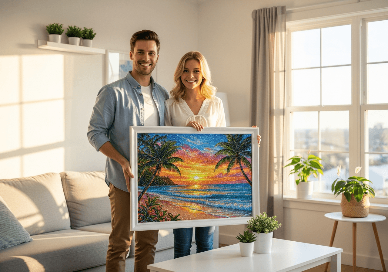 Couple holding large custom framed diamond painting of tropical sunset