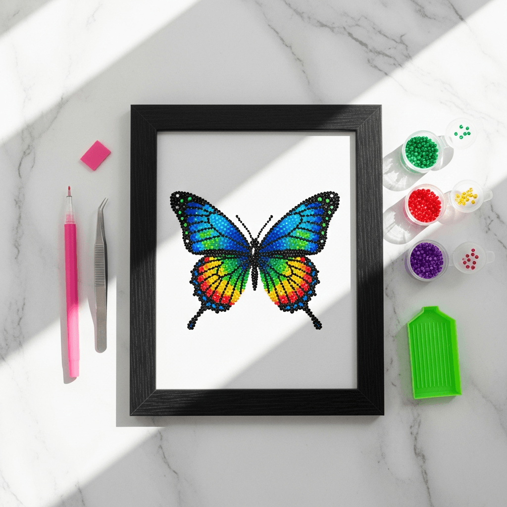 Overhead flat lay of framed diamond painting butterfly with craft supplies