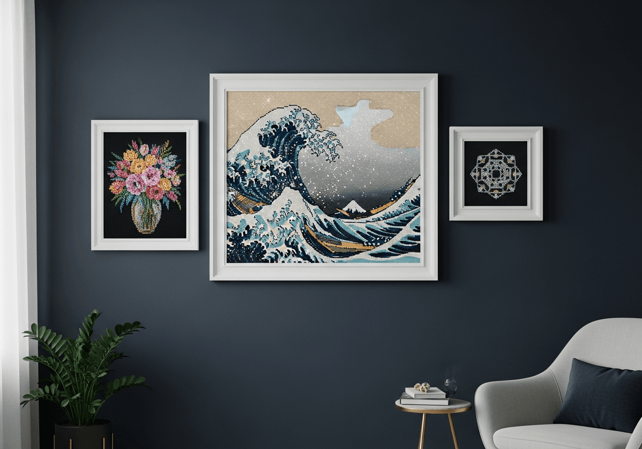 Gallery wall arrangement with three custom framed diamond paintings in white frames