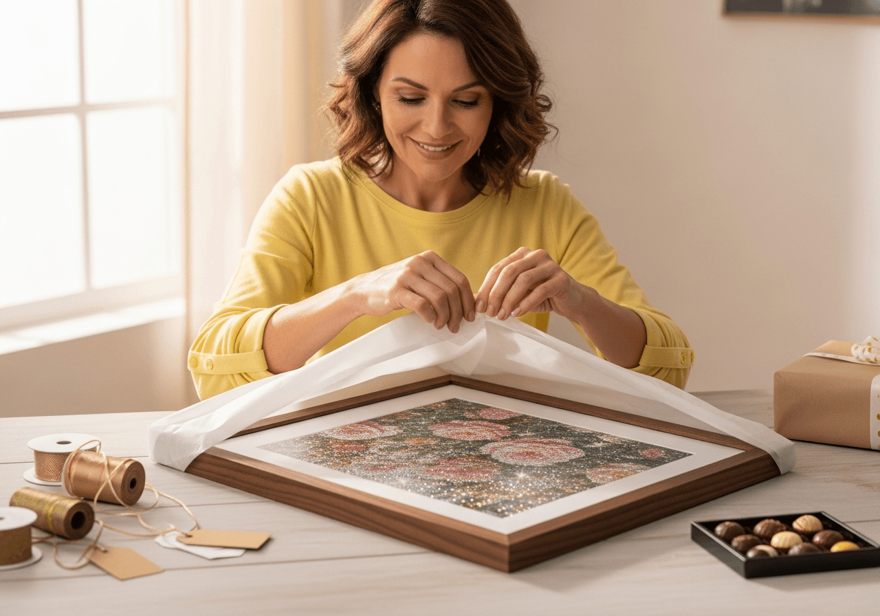 Woman wrapping framed diamond painting rose garden as a gift