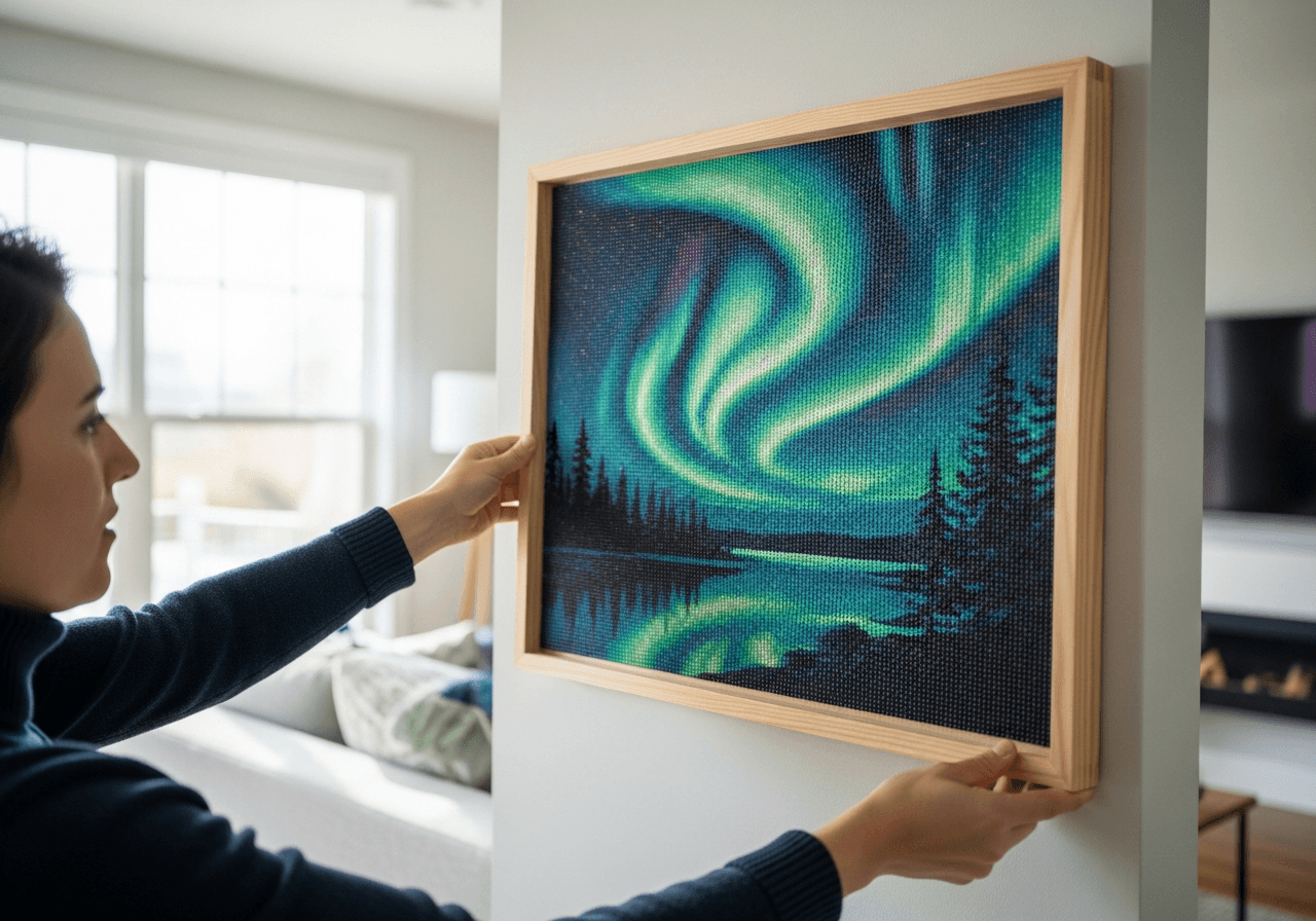 Person hanging framed diamond painting of northern lights on living room wall