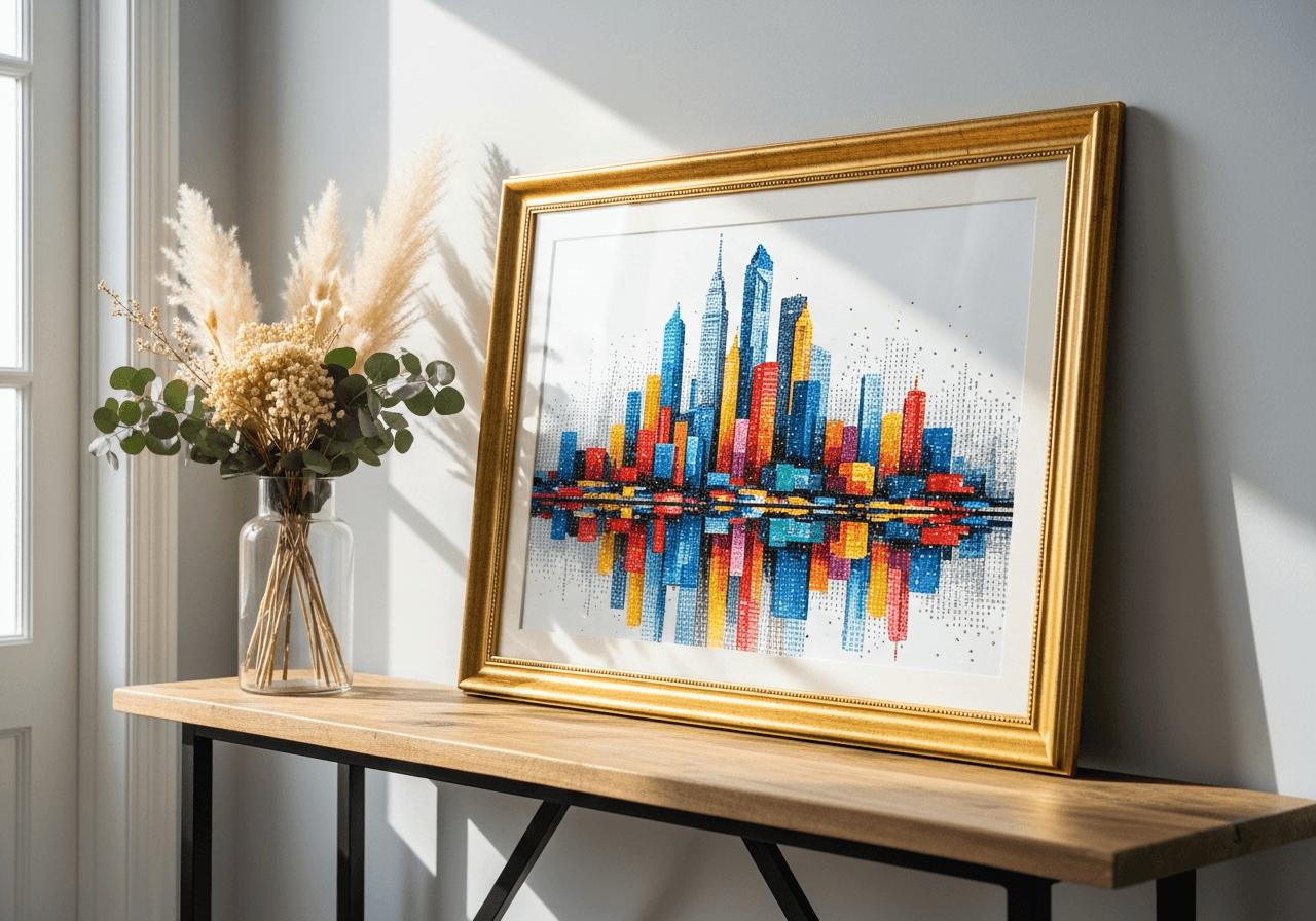 Framed diamond painting of abstract cityscape leaning on console table