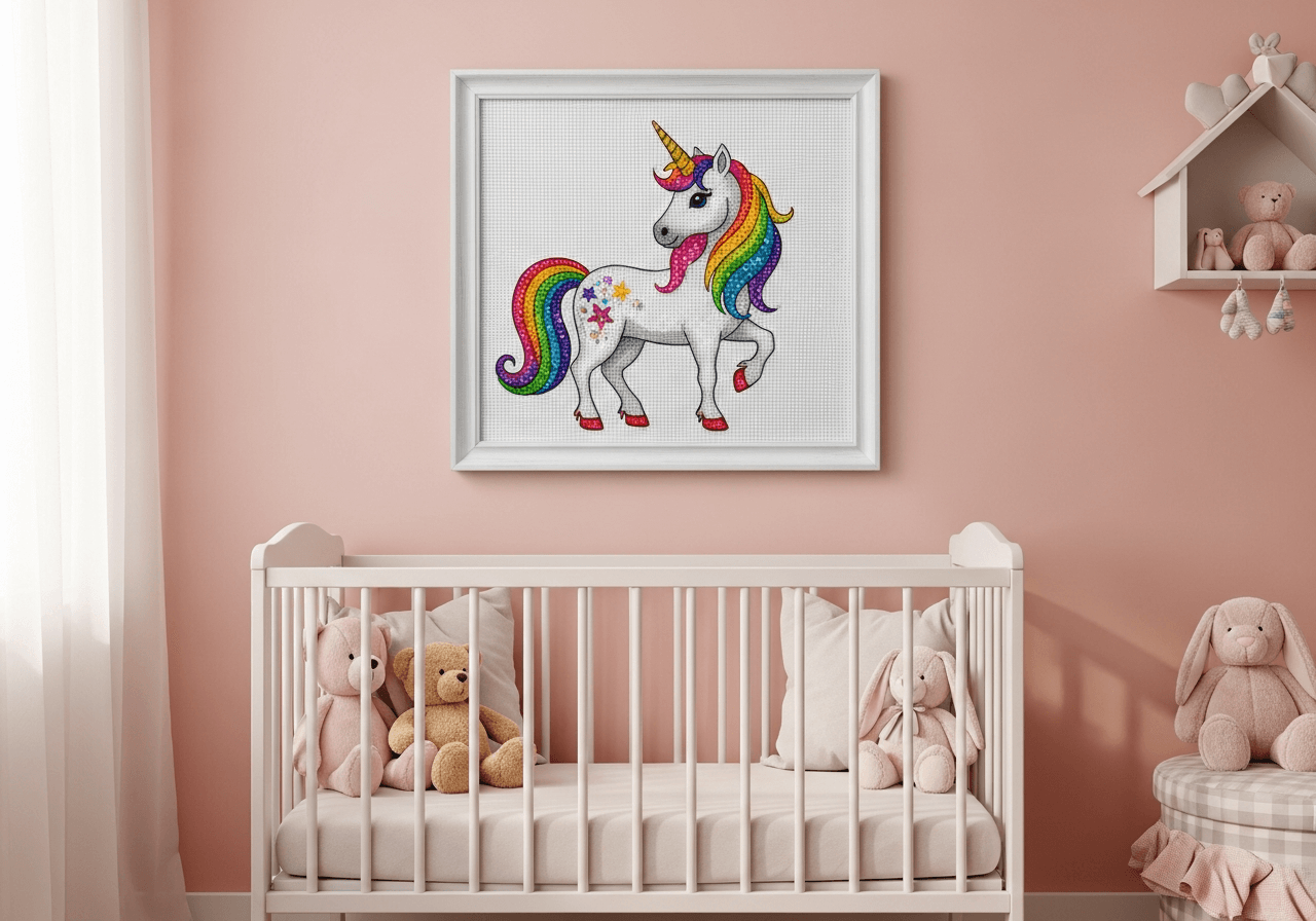 Framed diamond painting of unicorn hanging in nursery above crib