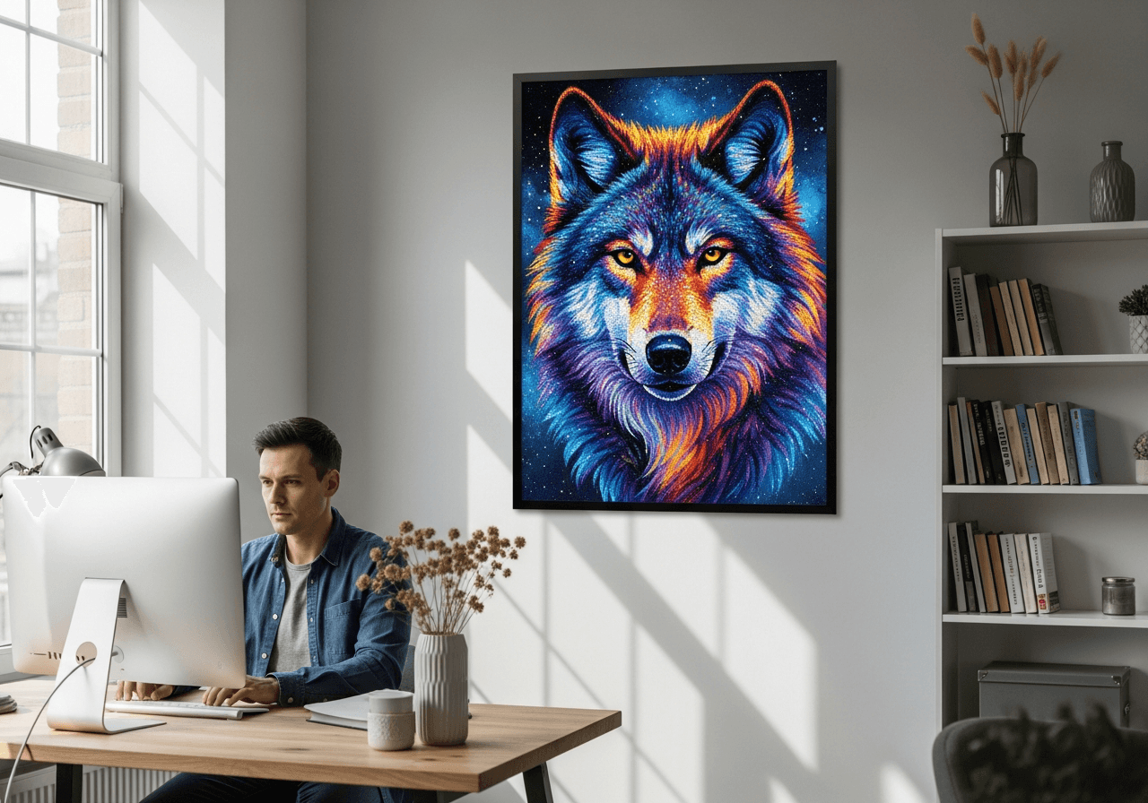 Framed diamond painting of wolf portrait displayed in home office