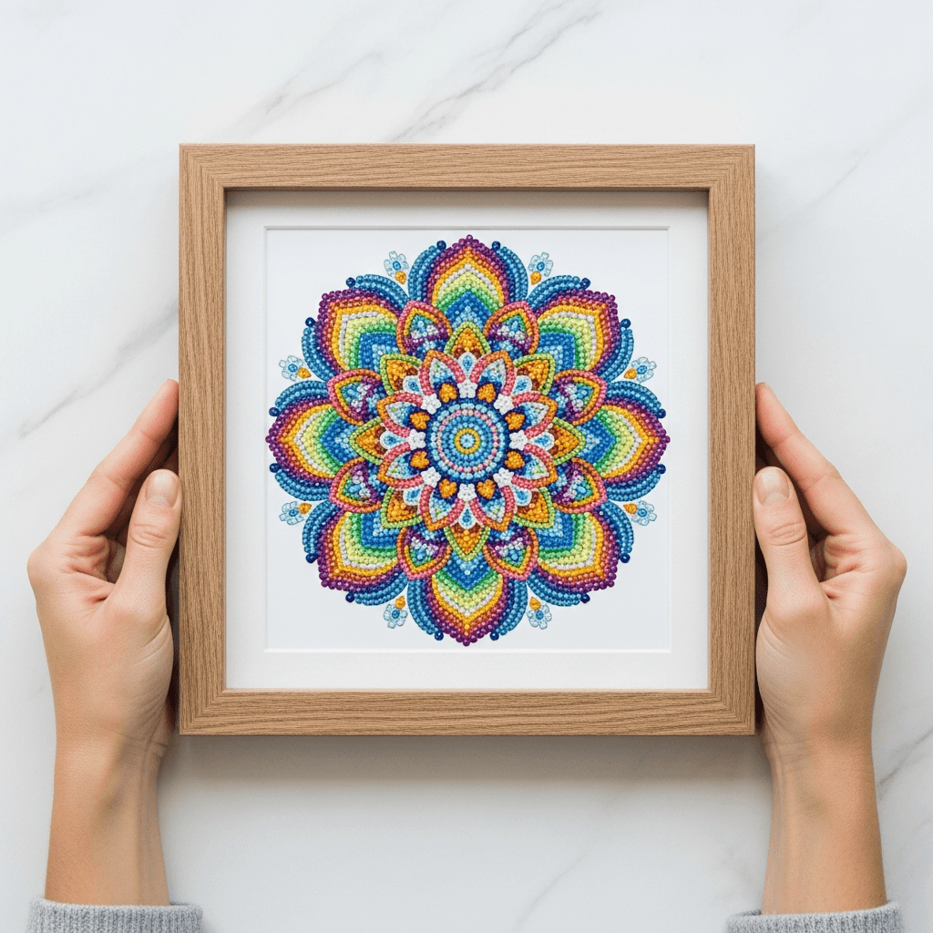 Overhead view of hands holding framed diamond painting mandala on marble surface