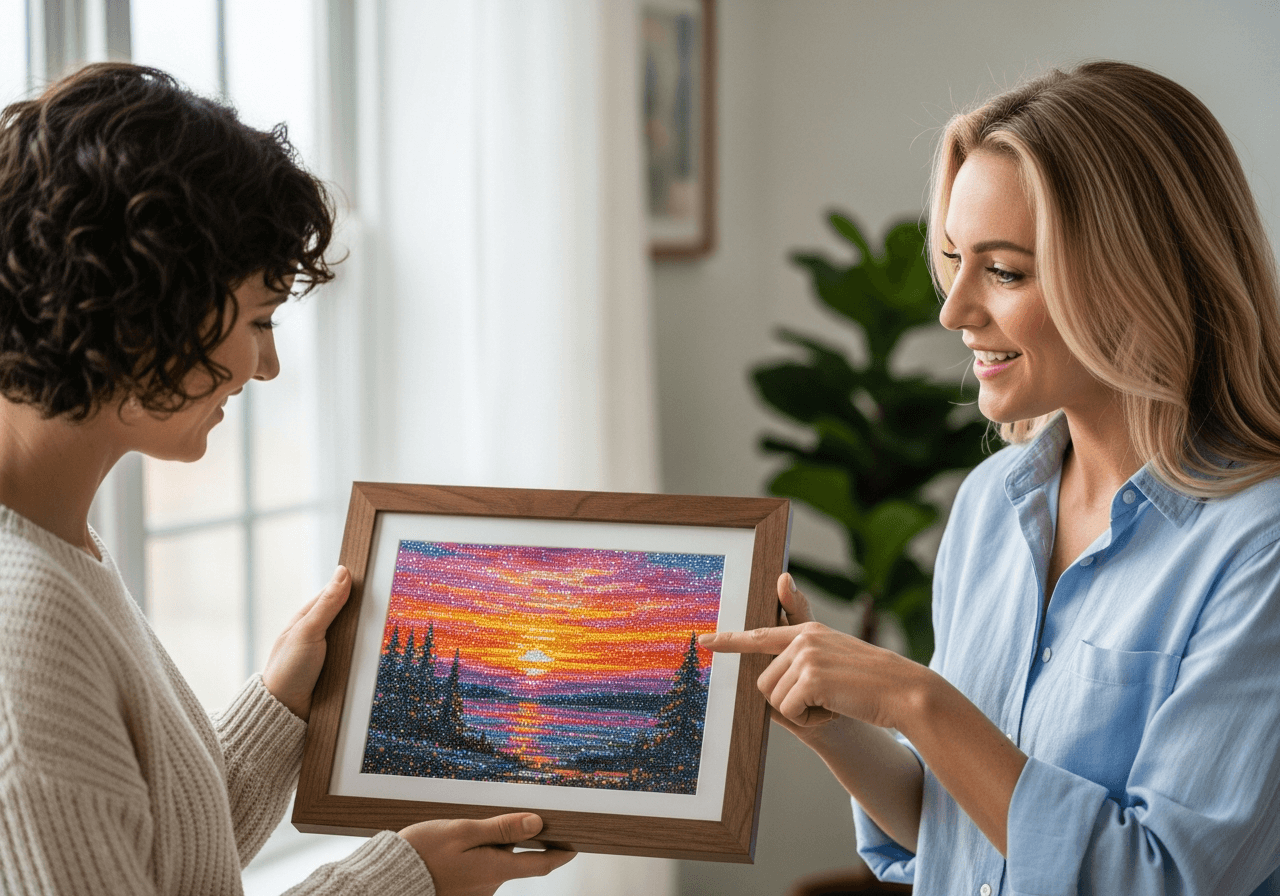 Two people admiring framed diamond painting of sunset landscape