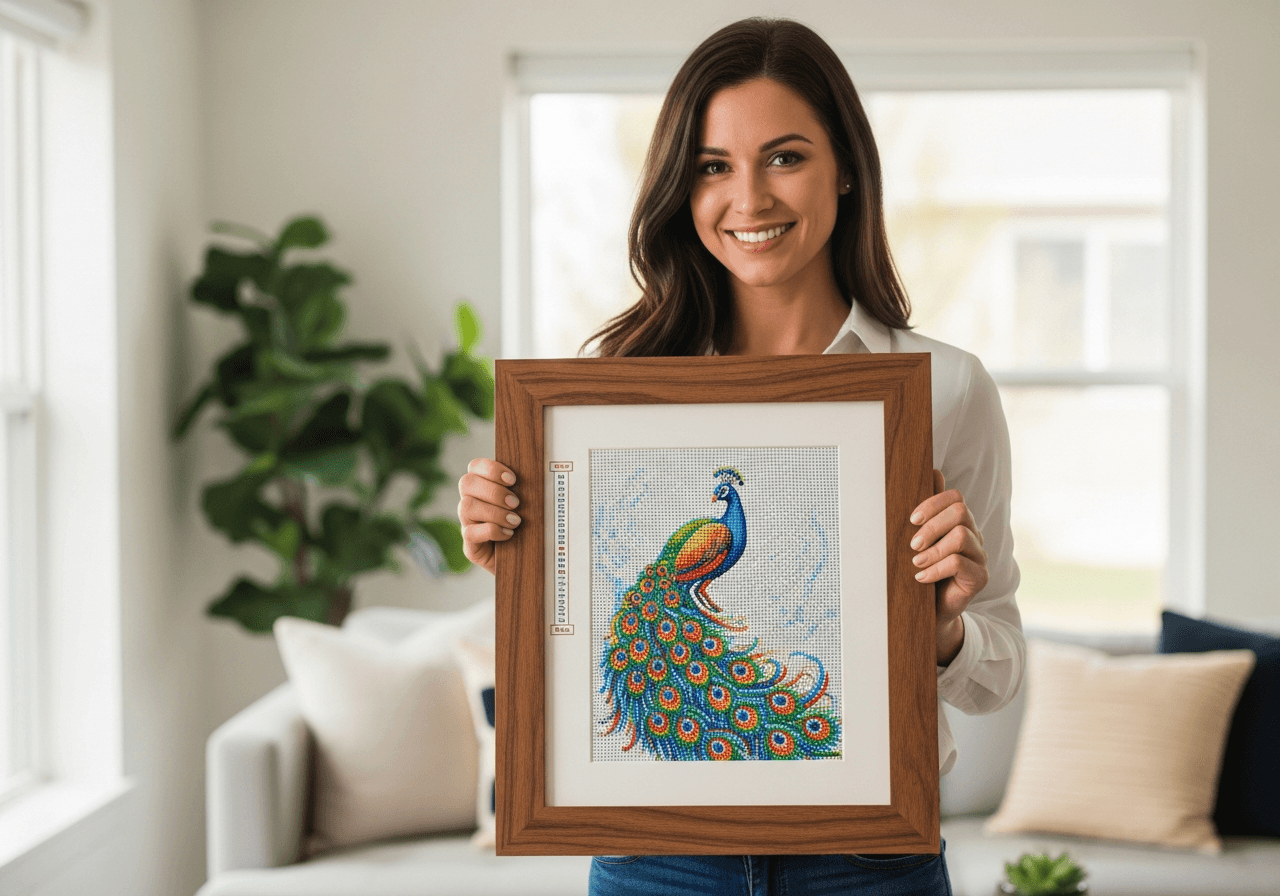 Person holding custom framed diamond painting with walnut frame and peacock design