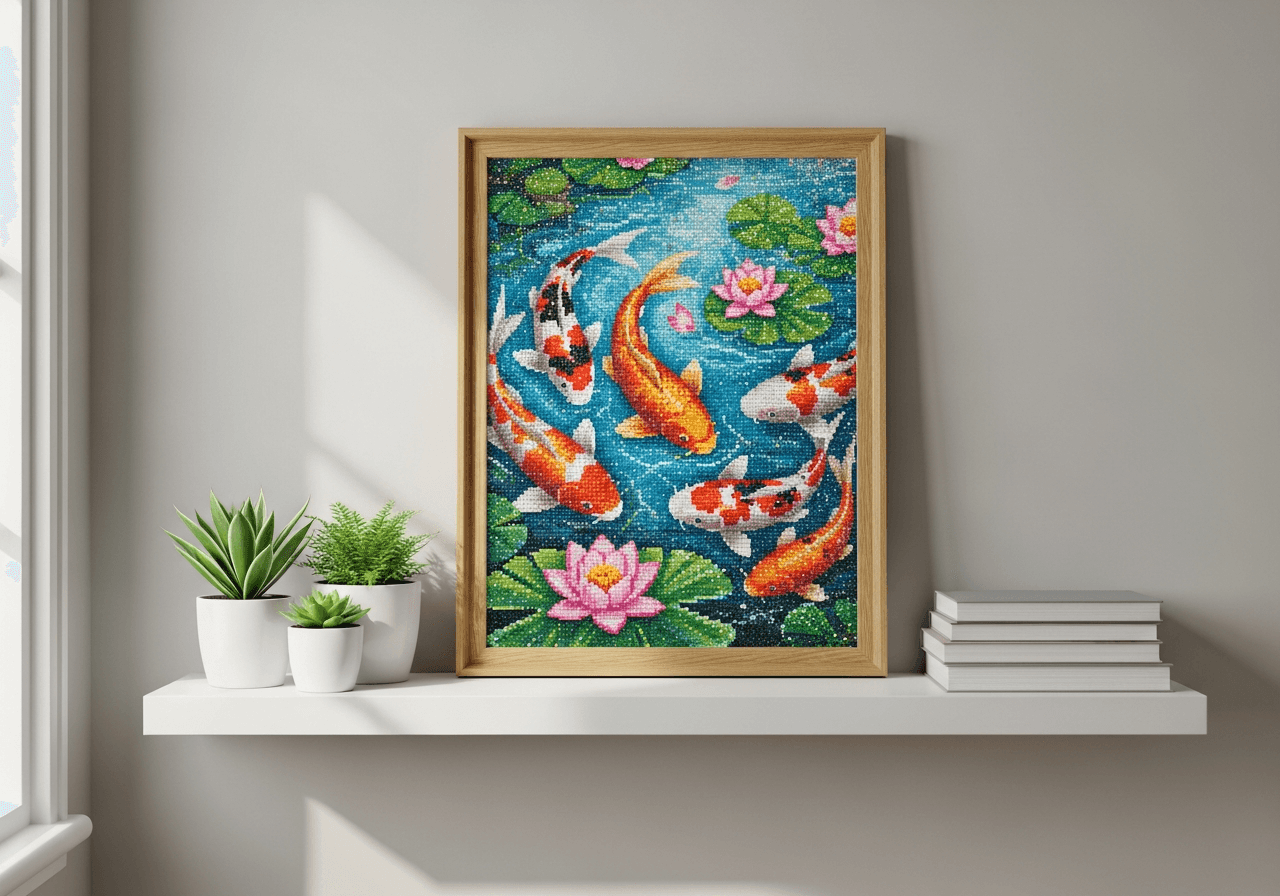 Framed diamond painting of koi fish pond on floating shelf in modern apartment