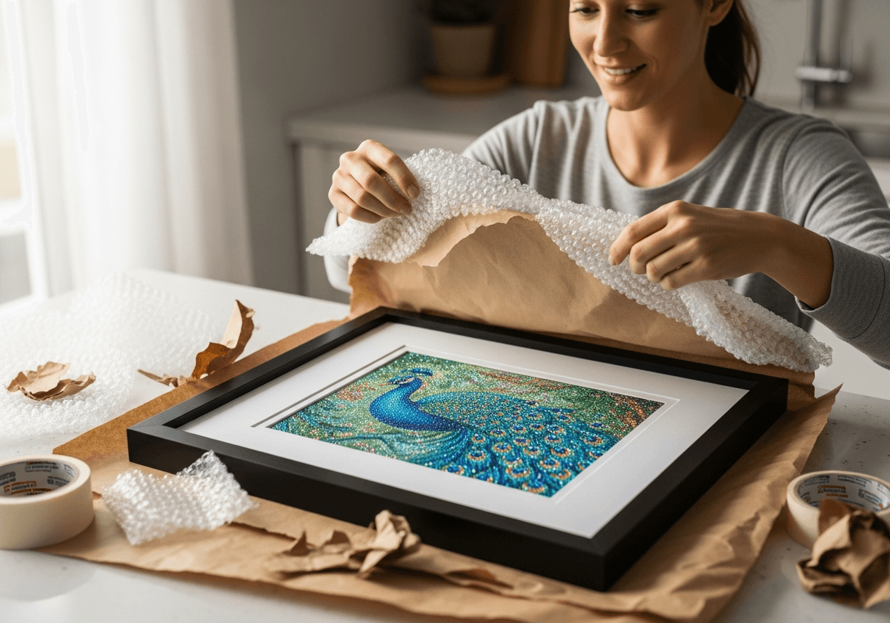 Woman unwrapping custom framed diamond painting of colorful peacock