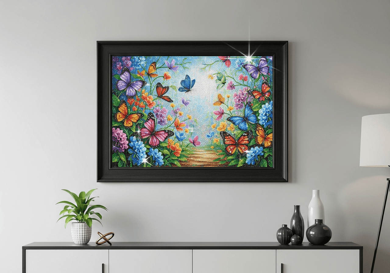 Diamond painting butterfly garden displayed on wall in black frame