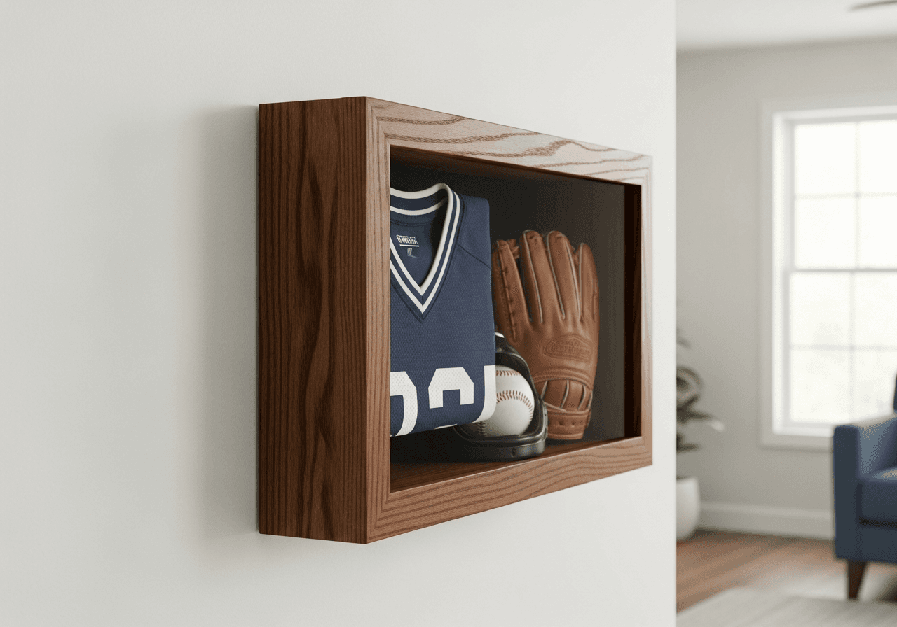 Deep shadow box frame holding a folded jersey, baseball, and glove showing dimensional depth