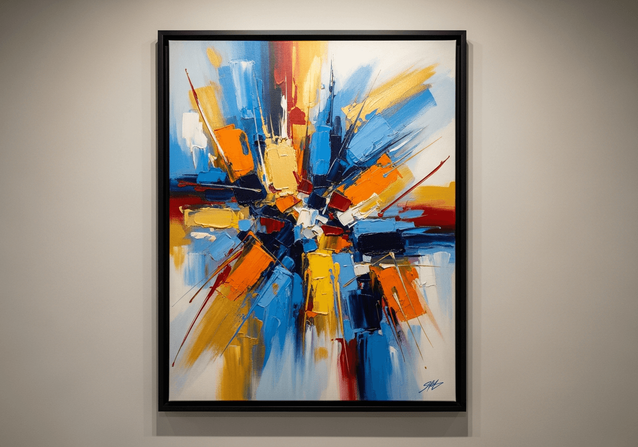 Stretched canvas in a black floater frame with a visible reveal gap on all four sides, hung on a warm neutral gallery wall