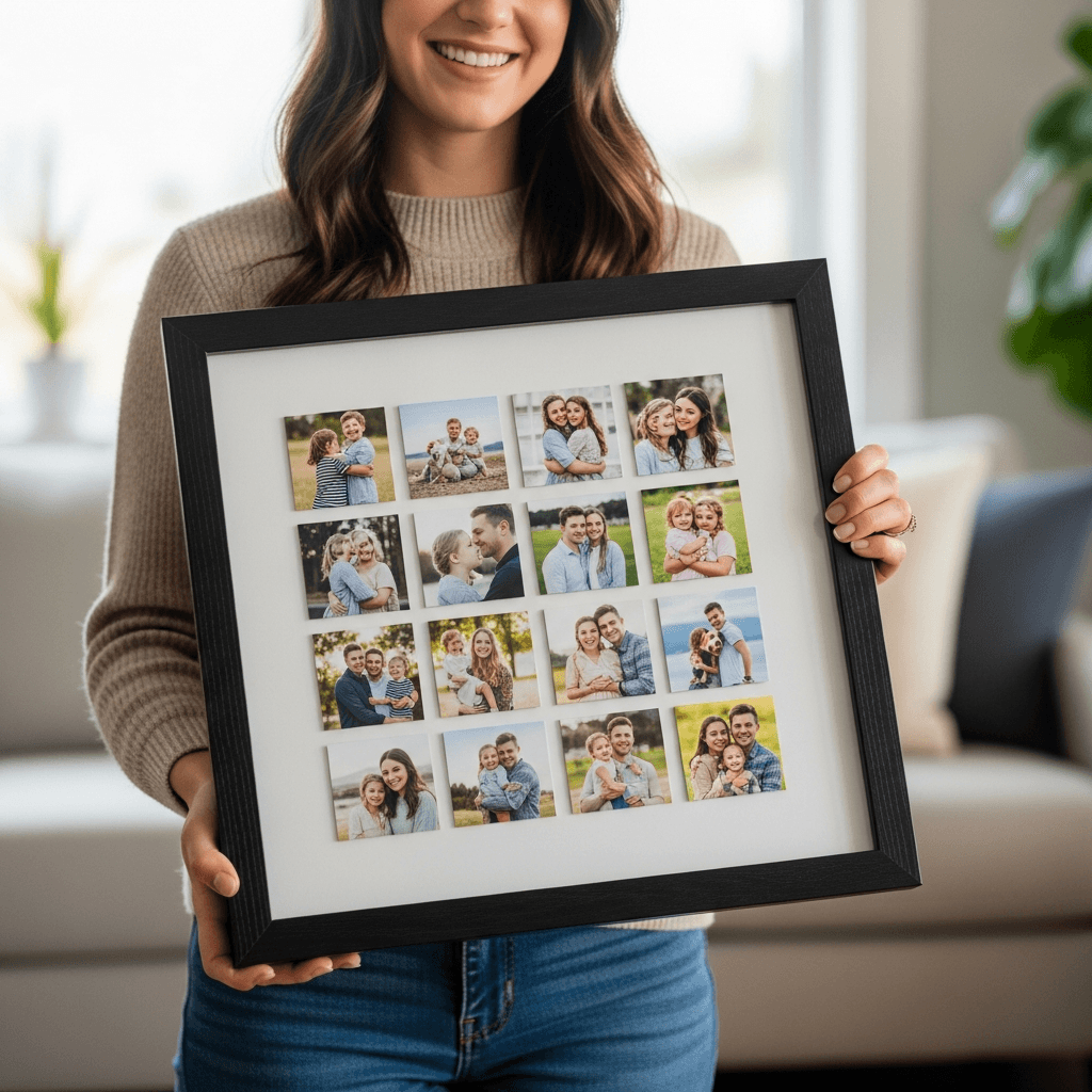 Person holding a black wood collage frame with a 4 by 4 grid of square Instagram photos behind a white mat