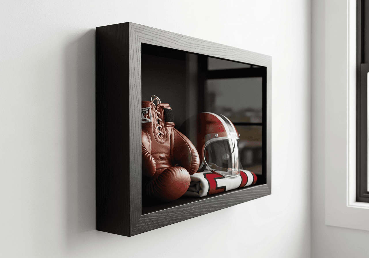 Extra deep shadow box frame with boxing gloves and a jersey showing dramatic interior depth