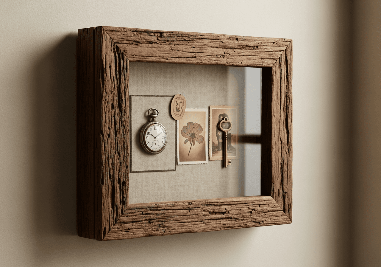 Rustic distressed walnut vintage shadow box holding antique heirlooms behind glass