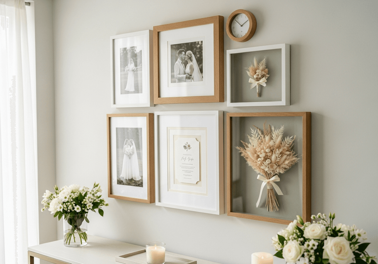 Wall display of custom wedding frames with portraits, a matted invitation, and a preserved bouquet shadow box