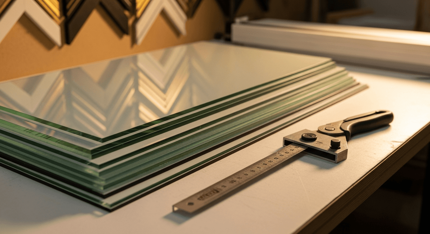 Sheets of frame-grade acrylic glazing cut to custom sizes, stacked at the Somerset shop.