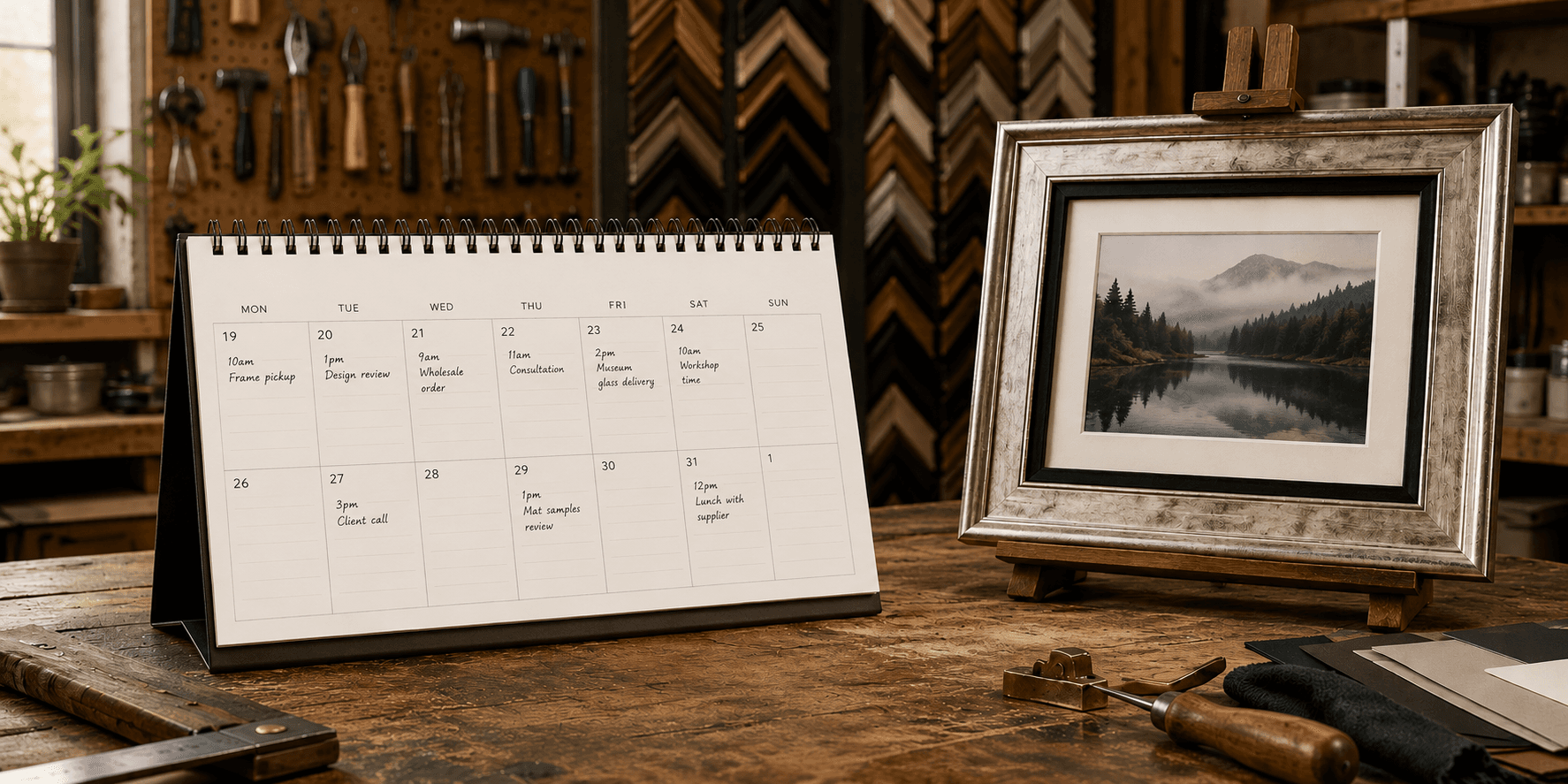 Open desk calendar on a framer's workbench filled with weekly appointments next to a framed landscape print on an easel and rows of moulding samples in the background