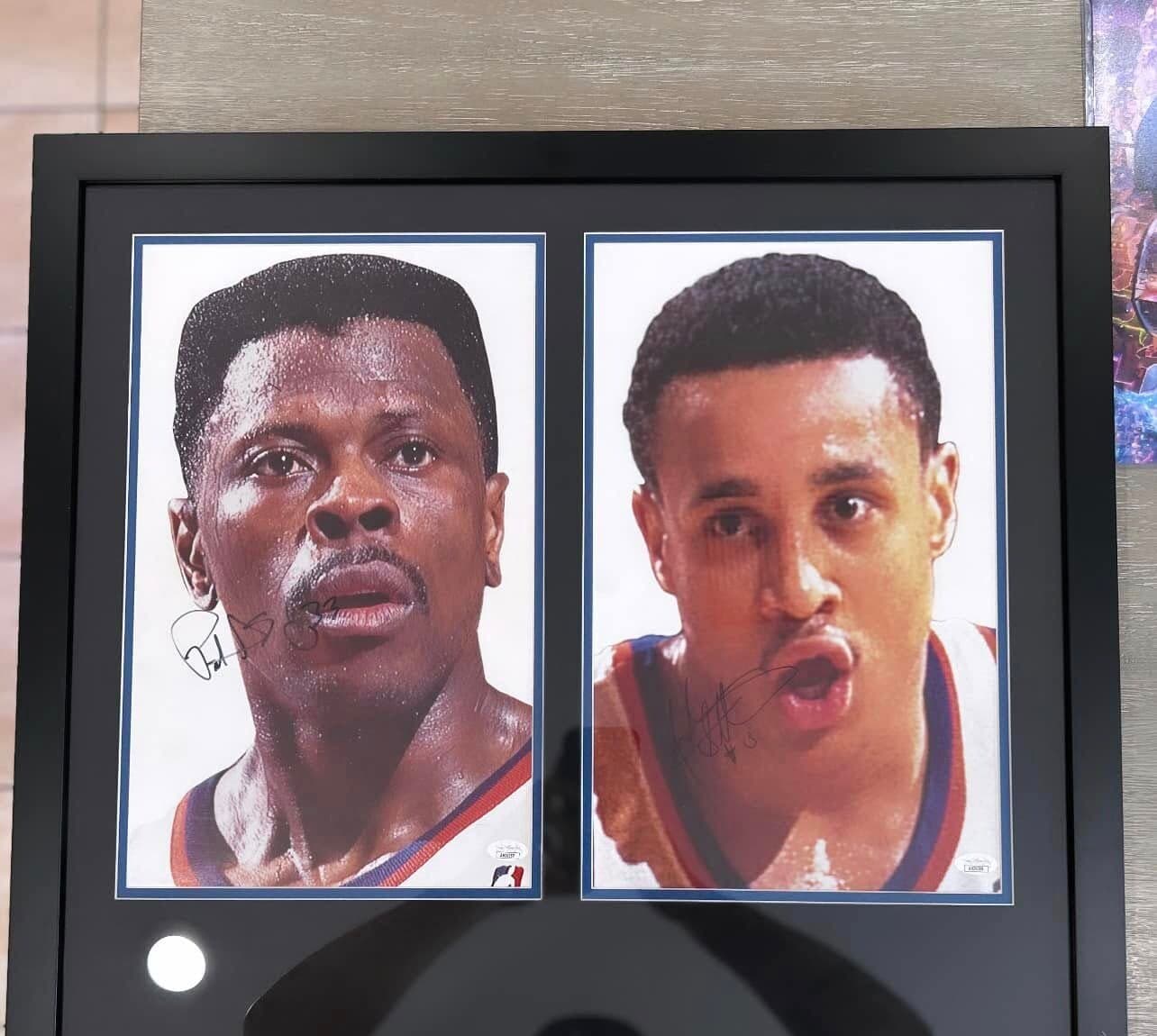 Signed Patrick Ewing and John Starks New York Knicks close-up portrait shots framed side by side in a dark shadow box with navy double matting