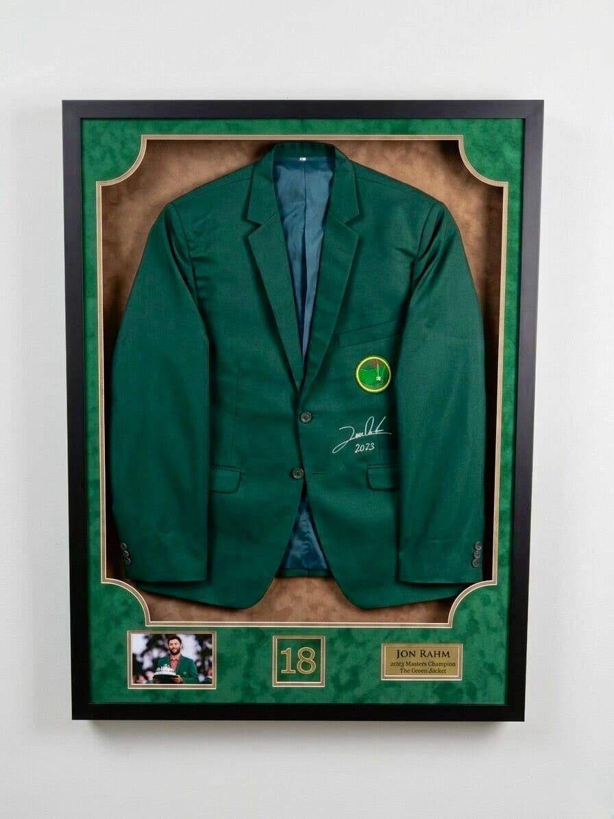 Signed Jon Rahm 2023 Masters green jacket framed in a deep shadow box with green suede matting and engraved 'Jon Rahm - 2023 Masters Champion' nameplate