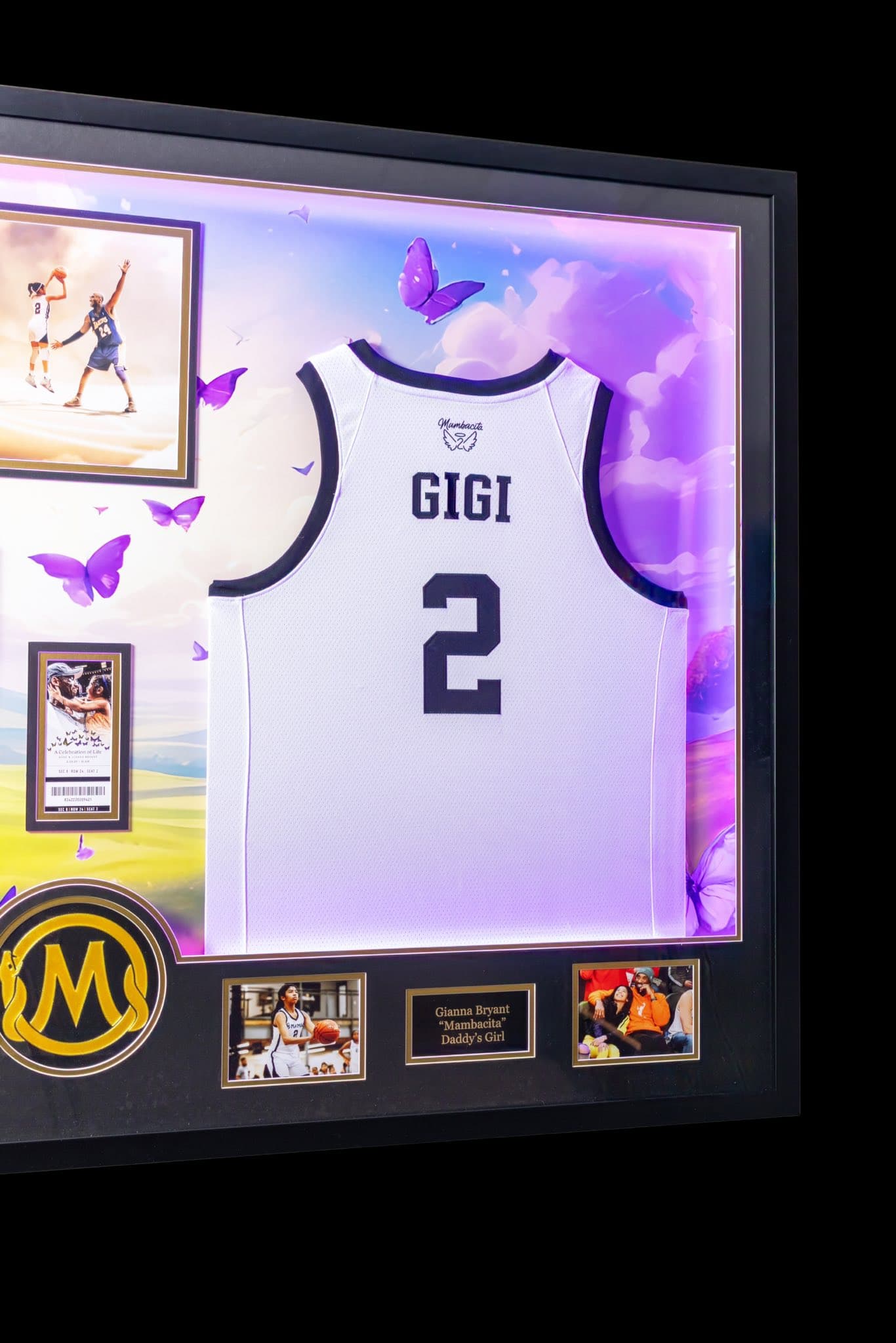 Custom Gigi Bryant 'Mambacita' #2 basketball jersey shadow box with ticket stub, butterflies, and dramatic backlit purple sky background