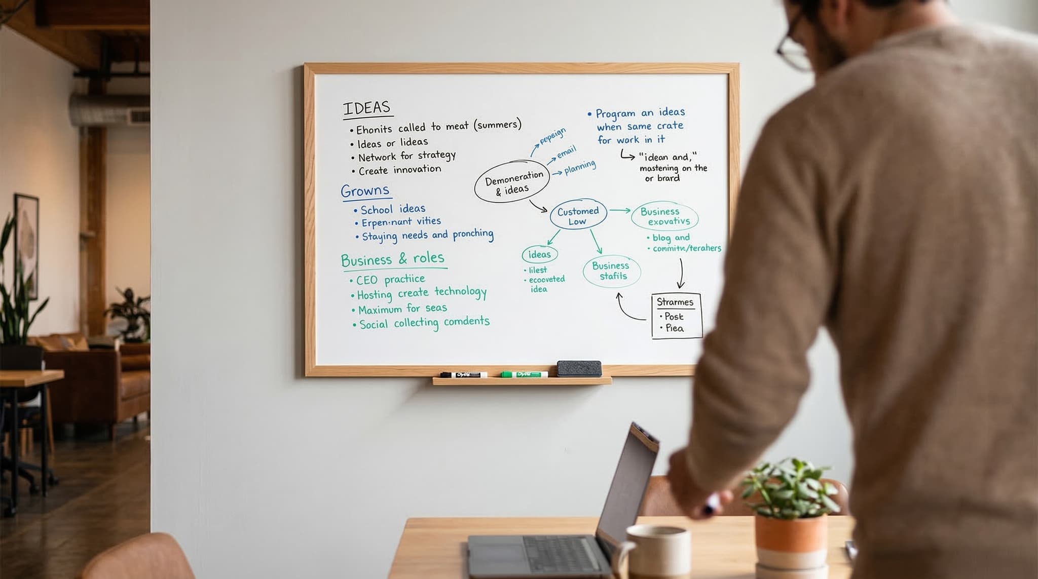 Framed dry erase board with a natural wood frame mounted above a home office desk