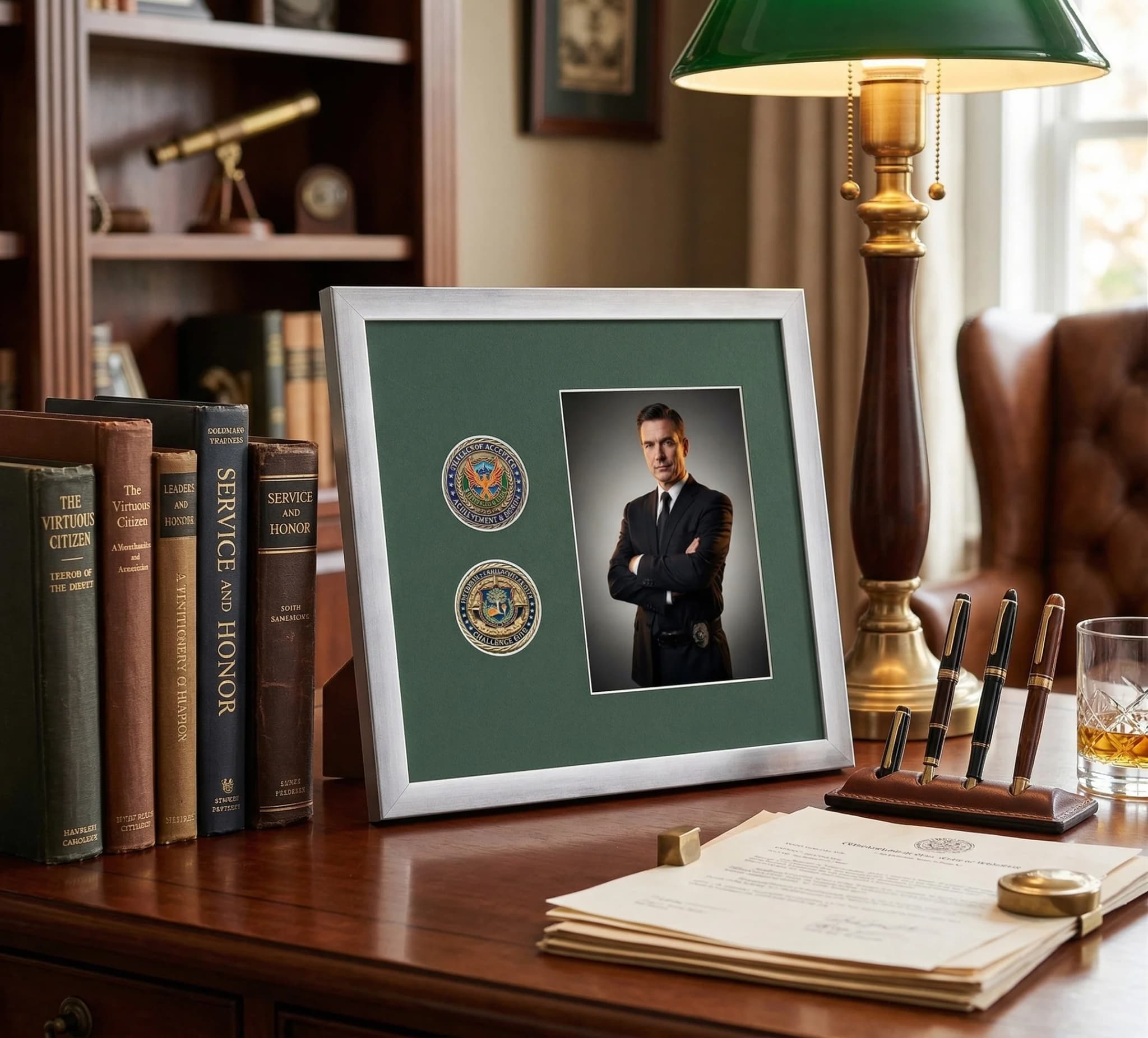 Challenge coin shadow box frame with a print and engraved nameplate