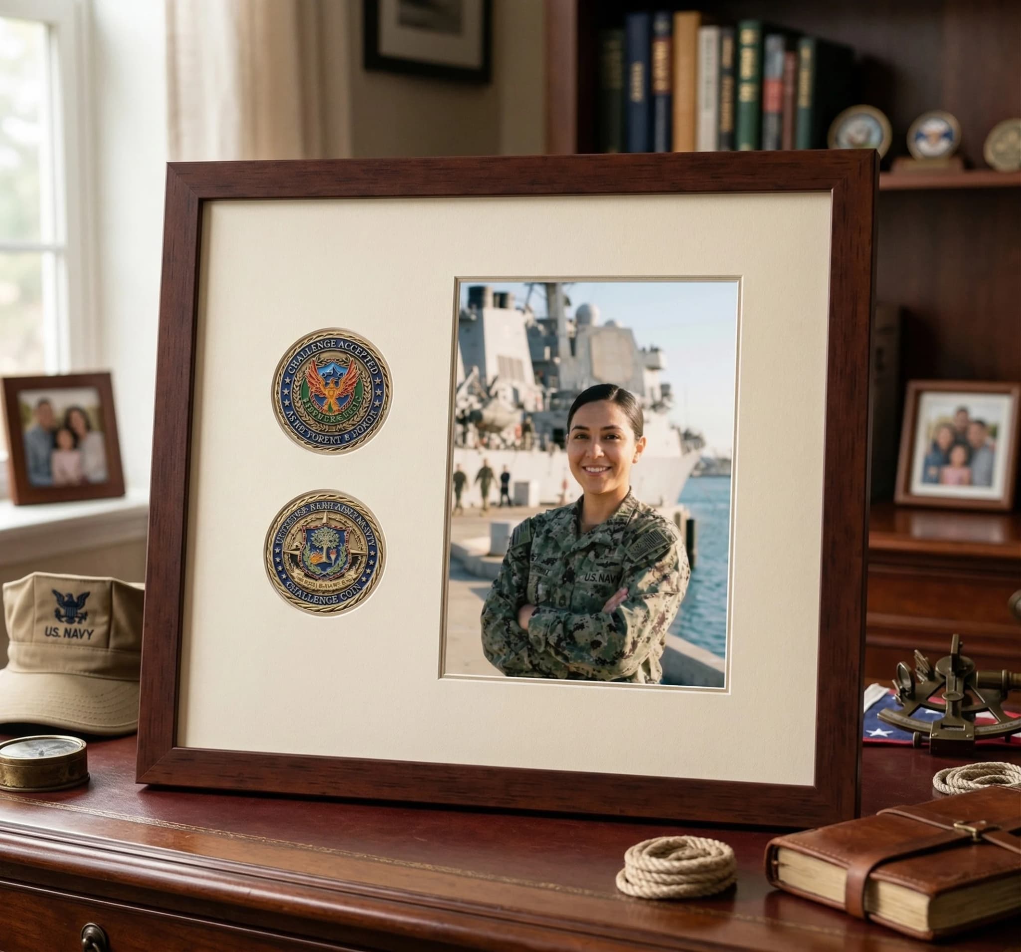 Challenge coin collection frame displayed on a desk shelf