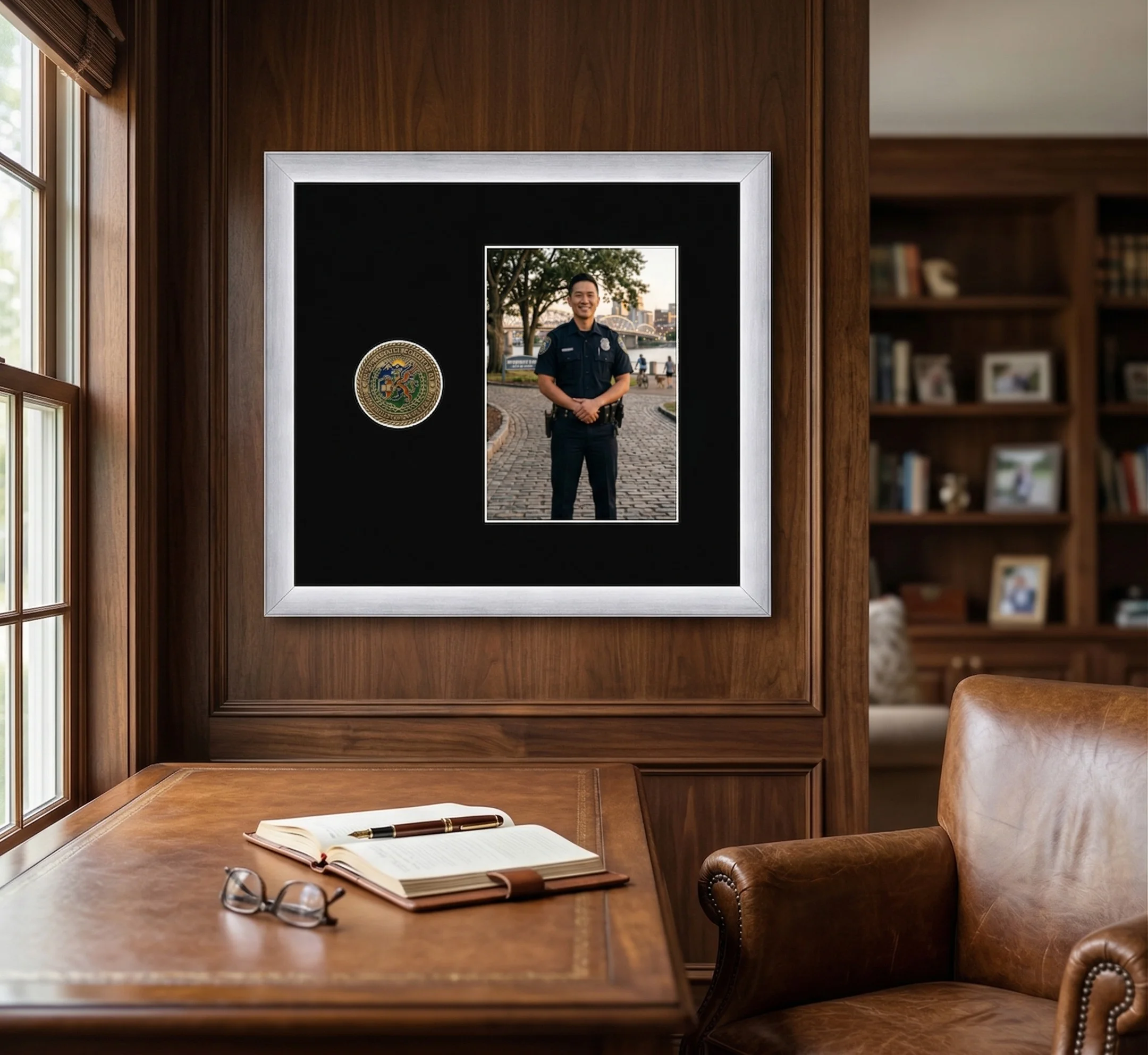 Military retirement challenge coins in a presentation frame