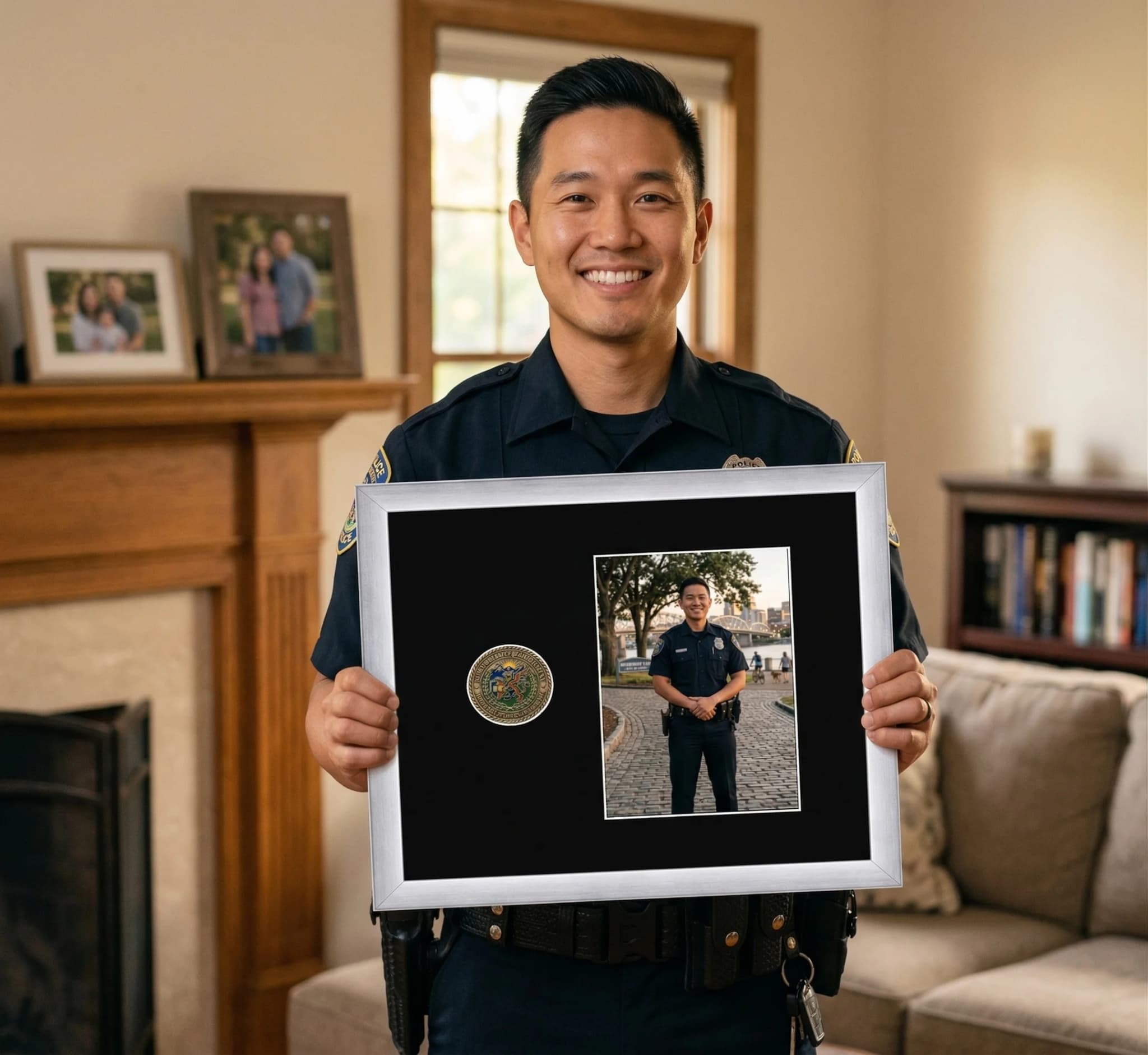 Challenge coin shadow box frame in a den or study room