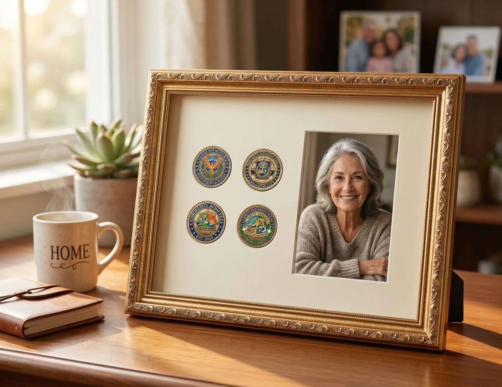 Fire department challenge coins framed with a unit print