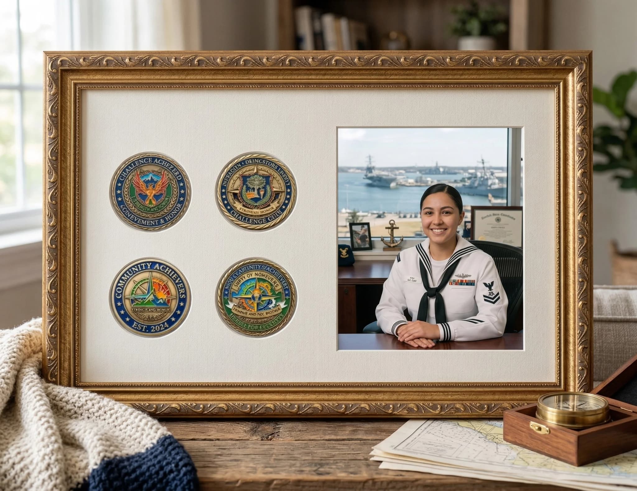 Multiple challenge coins in a custom frame with nameplate