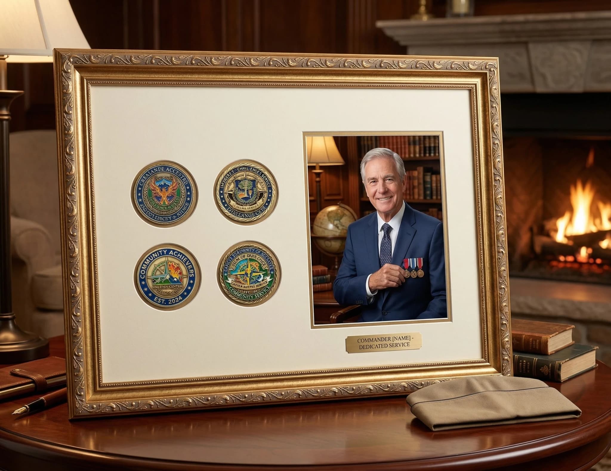 Challenge coin display frame as wall decor in a living room