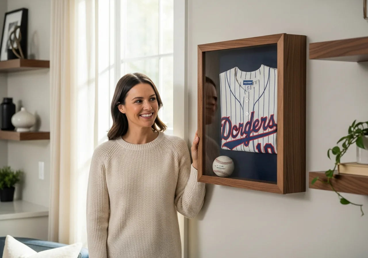Custom shadow box frame in walnut brown displaying a folded vintage baseball jersey, mounted on a styled living room wall