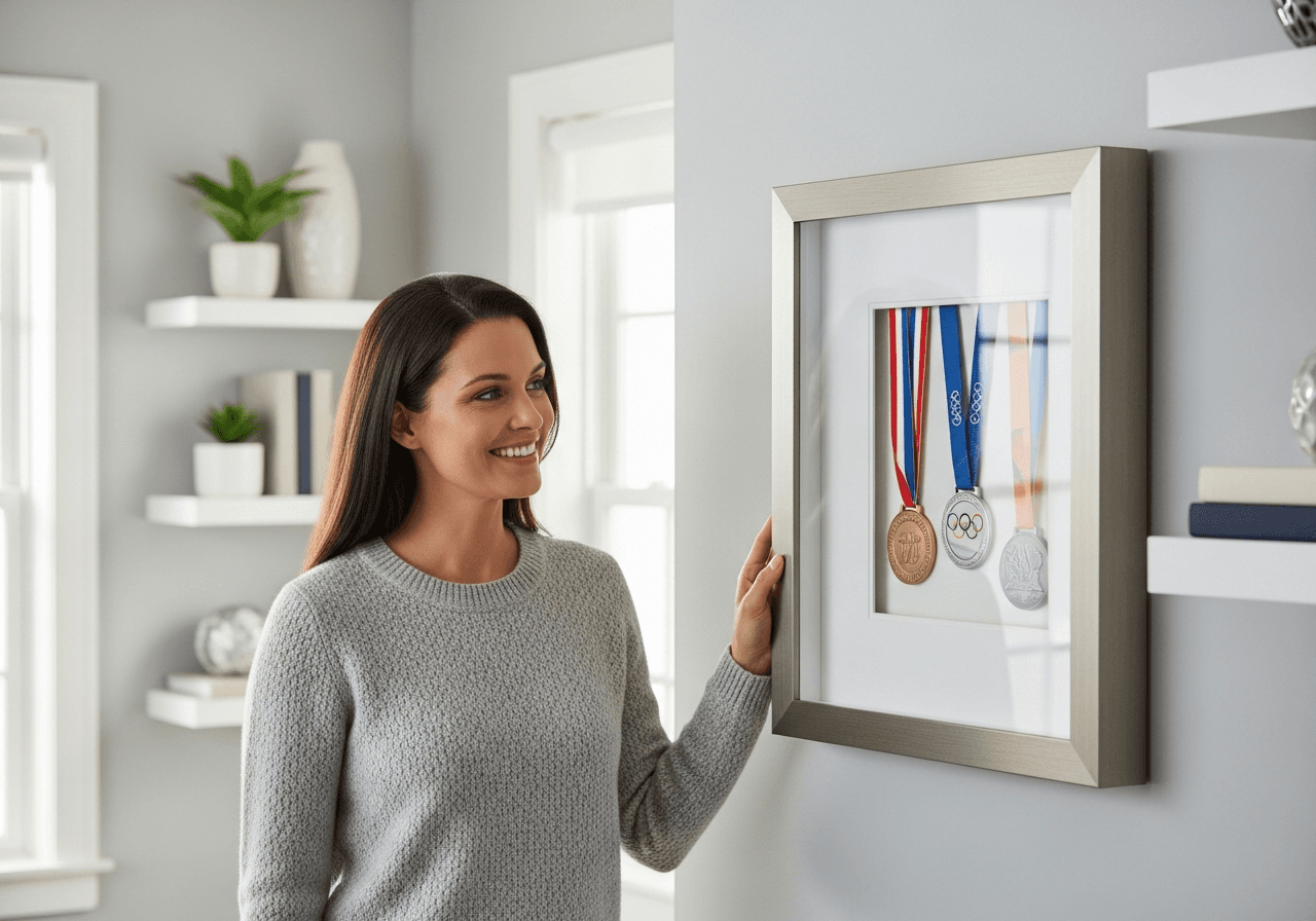 Small shadow box frame displaying service medals on a ribbon