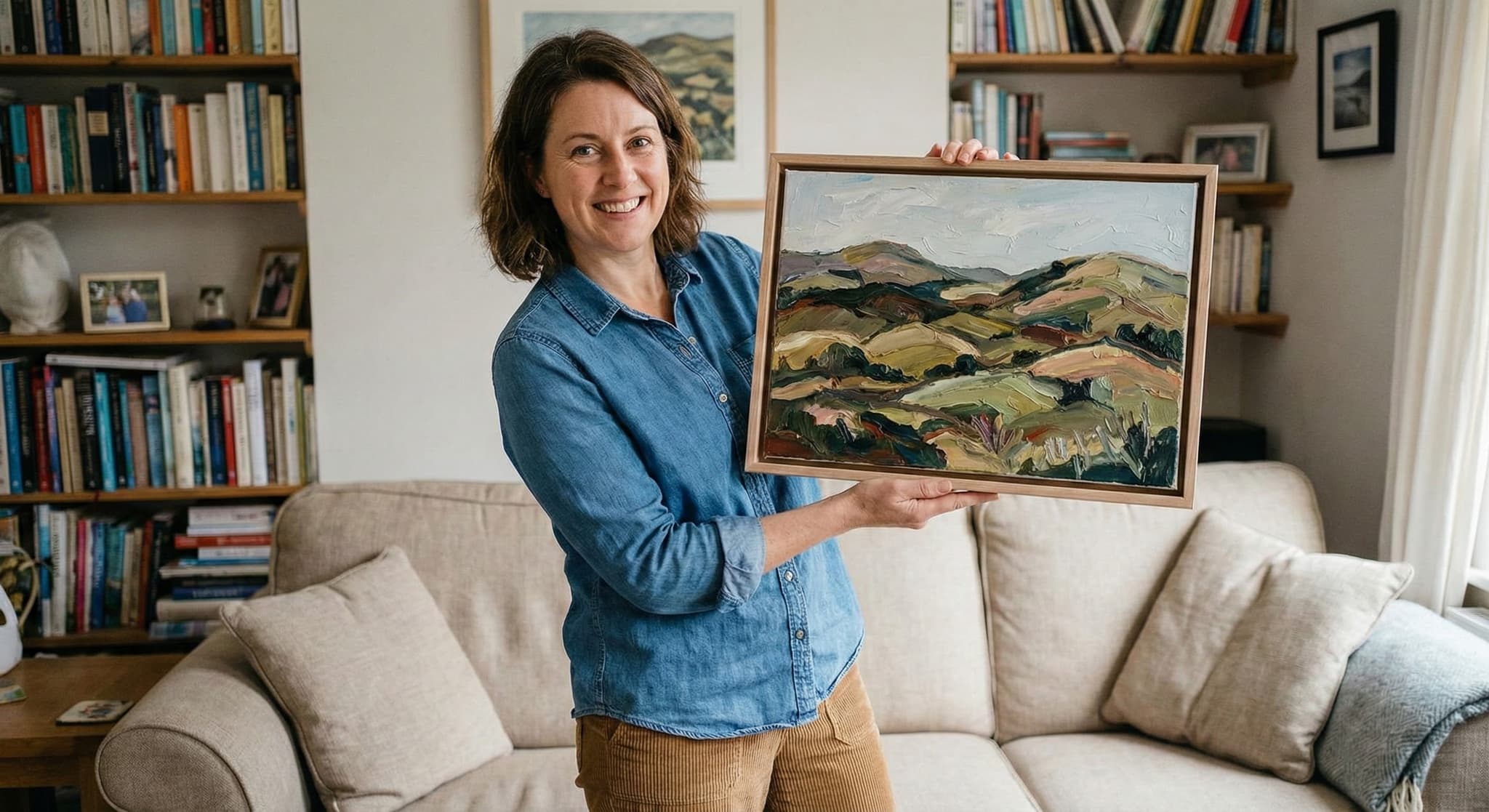 Canvas floater frame with a visible reveal gap around a contemporary painting