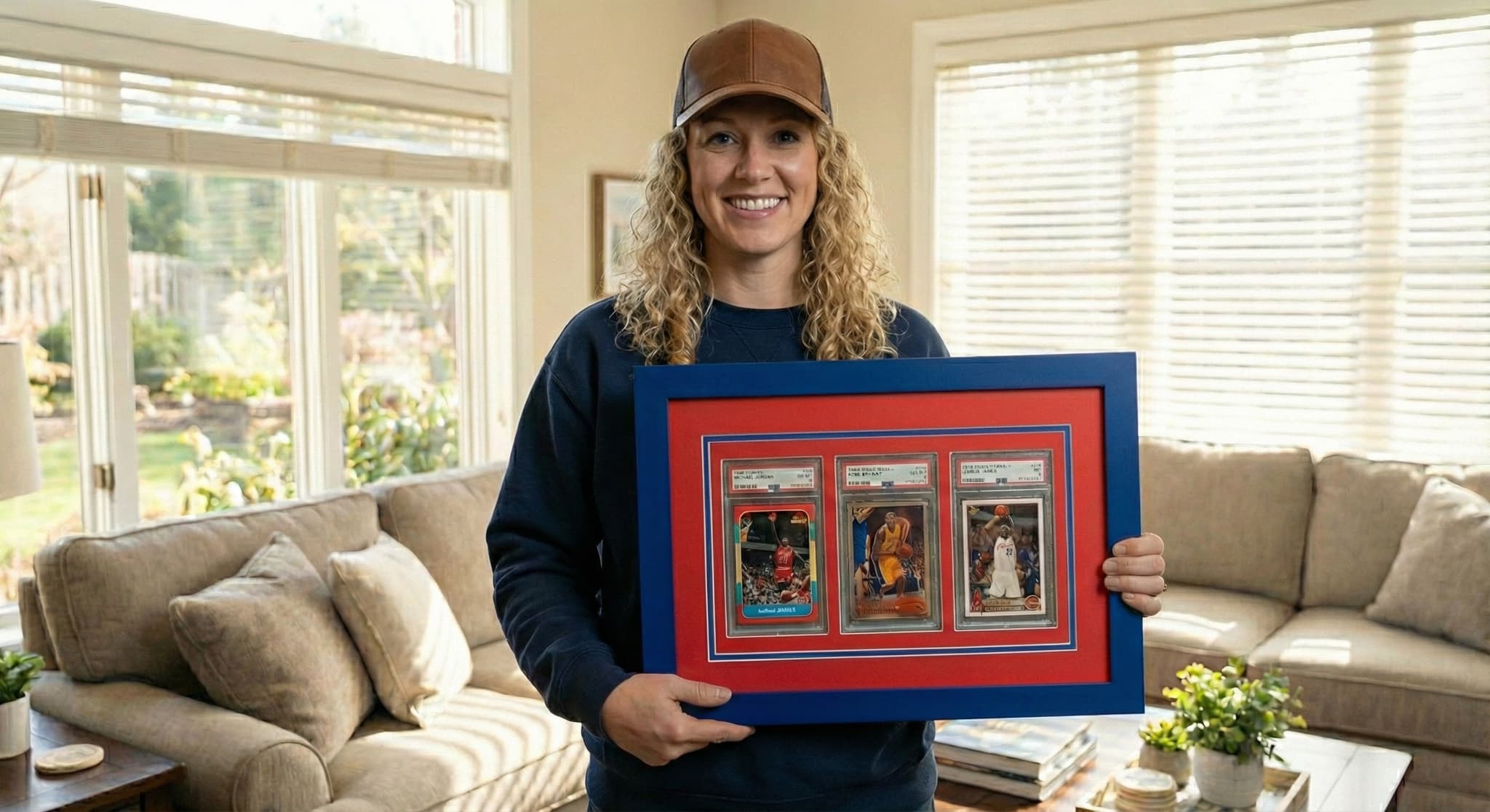 Custom shadow box displaying three PSA-graded basketball rookie cards (Michael Jordan, Kobe Bryant, LeBron James) on red matting in a blue frame
