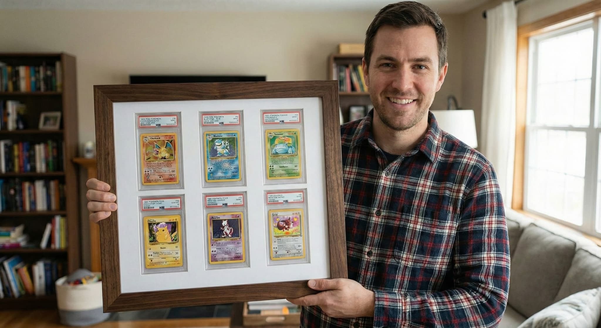 Graded sports cards in shadowbox frame game room