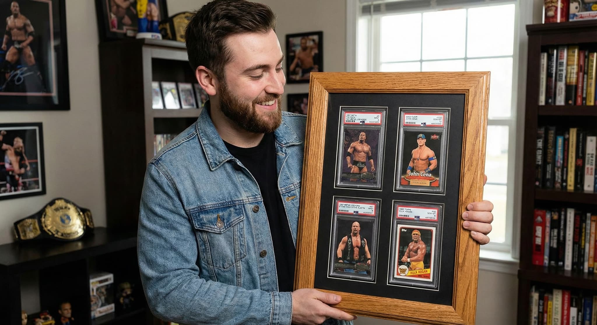 Four PSA-graded WWE wrestling cards (The Rock, John Cena, Stone Cold Steve Austin, Hulk Hogan) in a wood shadow box with black mat