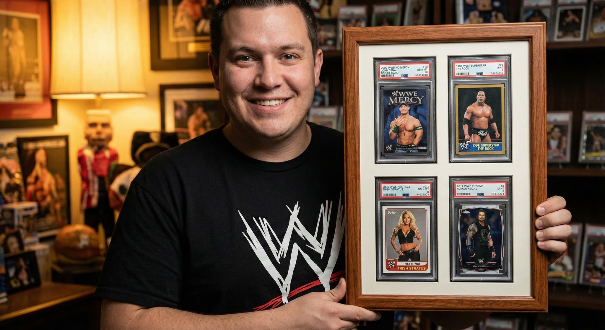 PSA graded cards collection in wall mounted frame