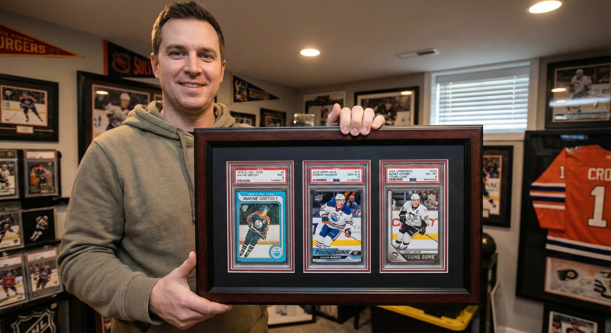 Graded sports memorabilia cards in shadowbox office