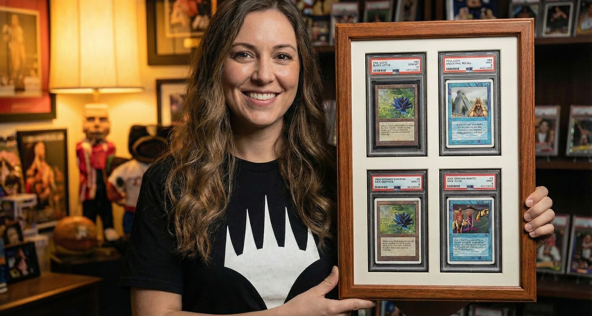 PSA graded cards collection in custom frame office