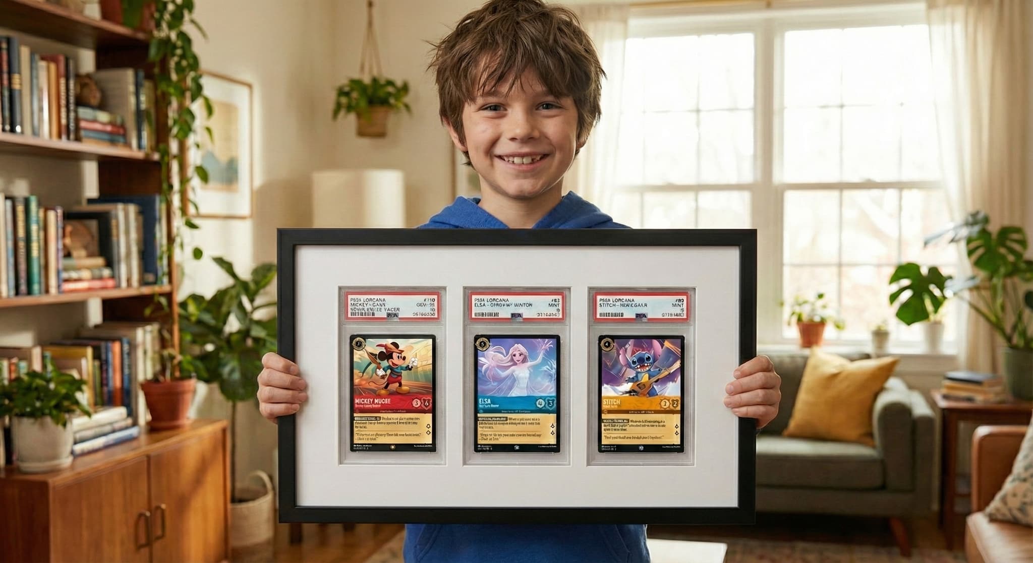 Graded trading cards in professional shadowbox gallery