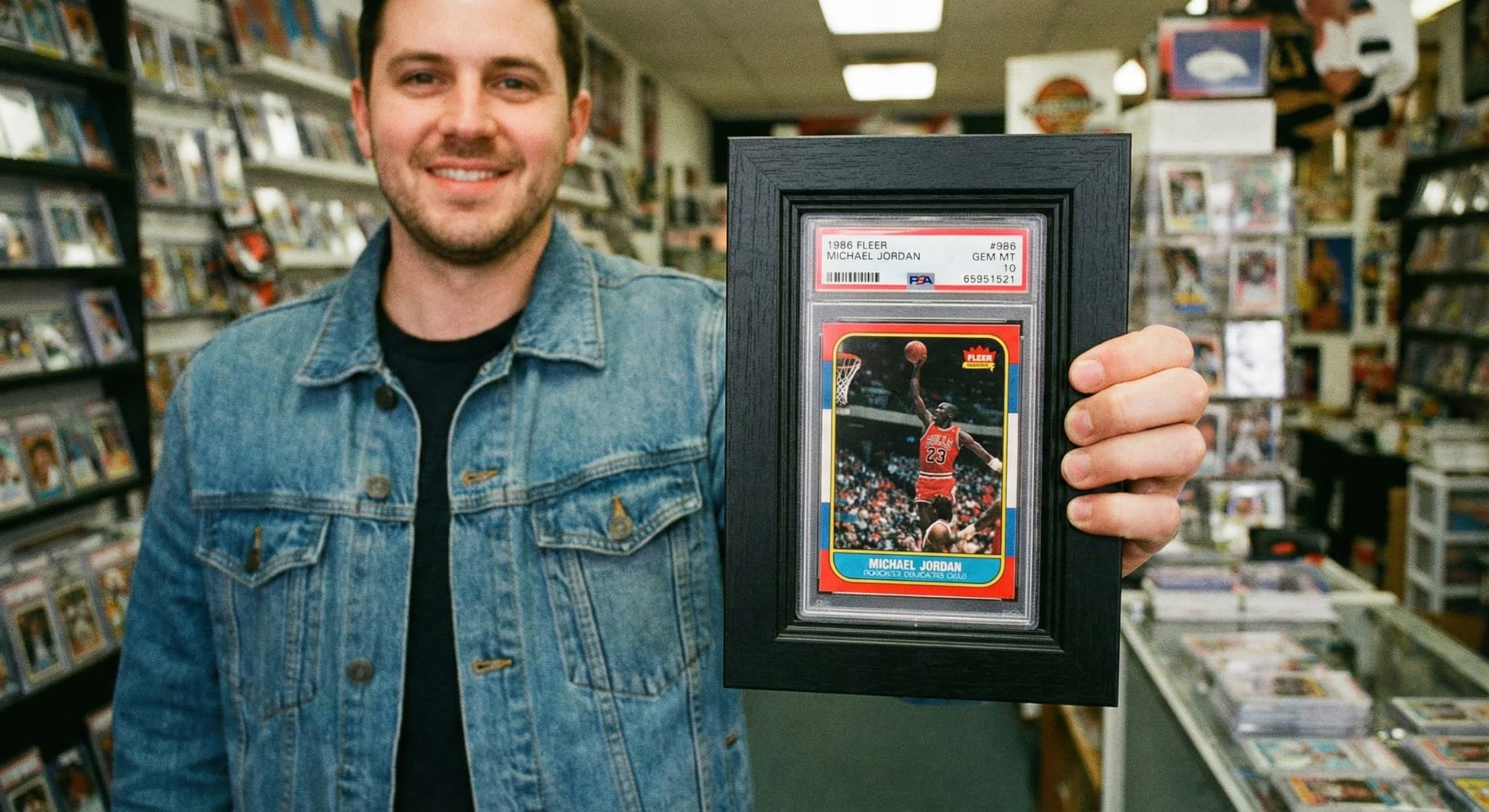 PSA 10 gem mint cards in custom shadowbox home office
