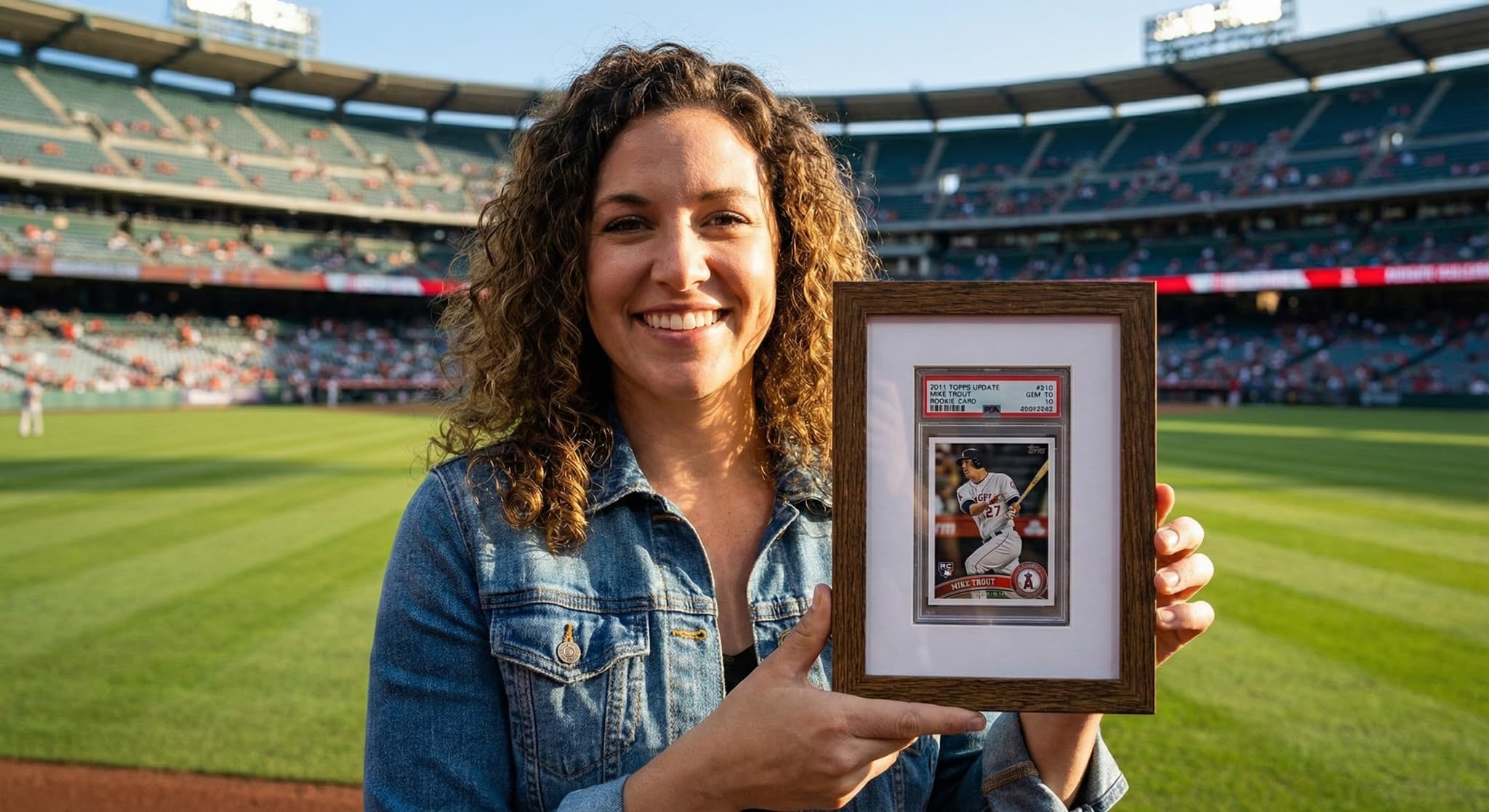 Single PSA-graded Mike Trout 2011 Topps Update rookie baseball card framed in a wood moulding with white mat