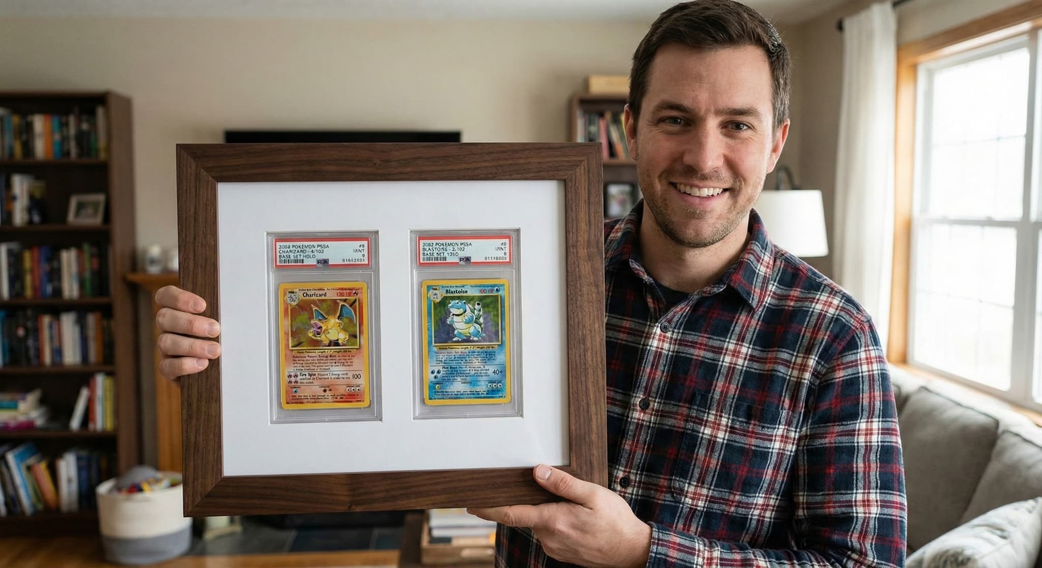 PSA graded vintage cards in archival shadowbox frame
