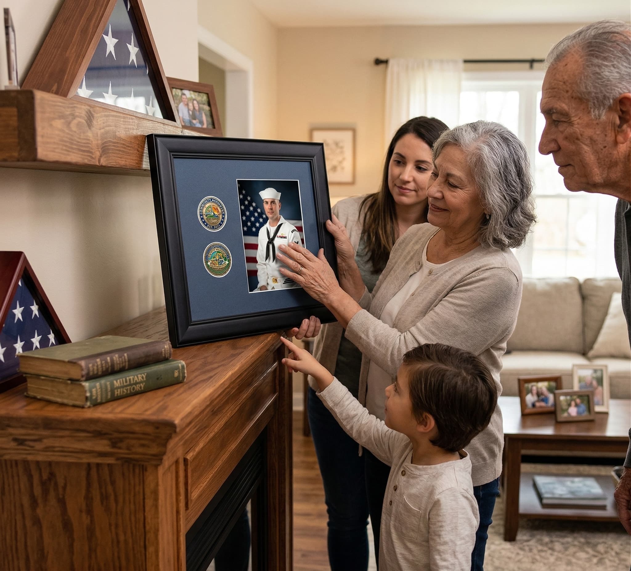 Challenge Coin Frames. Military and service coins in single, double, or full-set shadow boxes.